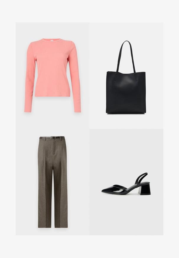 Dlouhý rukáv, ribbed pletený top v jemné korálové barvě. Má kulatý výstřih a přiléhavý střih, s hladkou texturou a minimalistickým designem.; Hnědé elegantní kalhoty se rovnými nohavicemi, s hladkým povrchem, poutky na opasek a plochým předním designem.; Černé lakované kožené lodičky na pásku s špičatou špičkou a geometrickým blokovým podpatkem. Vyznačují se elegantním, minimalistickým designem a hladkým povrchem.; Černá kožená taška přes rameno s hladkým povrchem, obdélníkovým tvarem a dvěma dlouhými uchy. Žádné viditelné kování ani ozdoby.