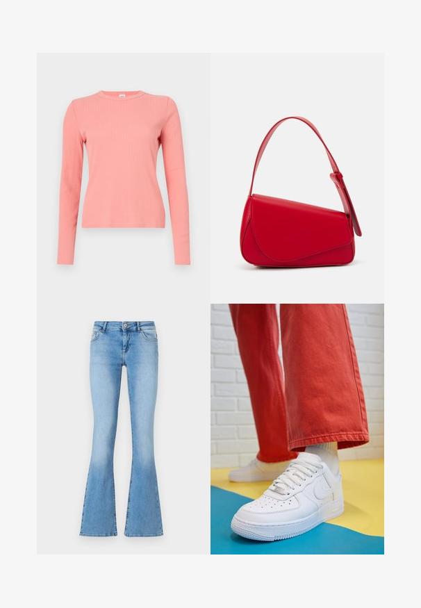 Top de malha canelada de mangas longas em coral suave. Apresenta um decote redondo e uma silhueta ajustada, com uma textura lisa e um design minimalista.; Jeans flare azul-claro feitos de denims com uma cintura de média altura, apresentando bolsos frontais e detalhes de costura ao longo das costuras e das barras.; Sapatilha de couro branca com biqueira perfurada, sola texturizada e atacadores brancos, combinada com calças largas vermelhas e um fundo azul e amarelo.; Bolsa de mão em couro vermelho com um design angular e geométrico. Apresenta uma única alça ajustável e um fecho com aba, com detalhes cosidos.