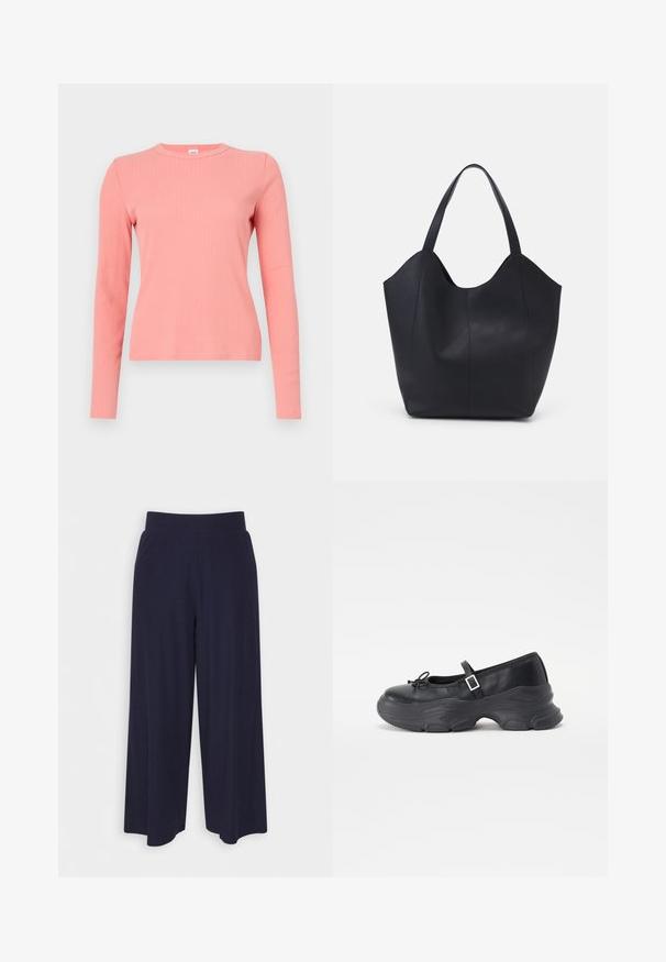 Haut à manches longues en tricot côtelé de couleur corail doux. Il présente un col rond et une silhouette ajustée, avec une texture lisse et un design minimaliste.; Pantalon large en tissu bleu marine foncé avec une texture côtelée. Il présente une taille lisse et une silhouette fluide, atteignant la longueur mi-mollet.; Chaussure Mary Jane en cuir noir avec un bout rond, un détail en nœud et une sangle de cheville ajustable. Elle possède une semelle en caoutchouc épaisse avec des accents arrondis.; Sac fourre-tout noir en cuir lisse, doté d'un haut ouvert et courbé avec deux brides d'épaule et un design minimaliste.