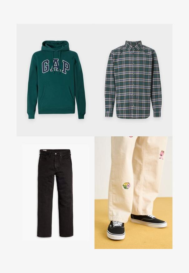 Felpa verde scuro in misto cotone, con un grande logo "G.A.P." in bianco e blu navy, tasca a marsupio frontale e cappuccio con coulisse.; Camicia di flanella verde con un motivo a quadri che presenta righe blu, bianche e giallo senape. Chiusura con bottoni e colletto punta. Maniche lunghe.; Jeans in denim neri a gamba dritta con cinque tasche, chiusura a bottone e passanti per cintura, adagiati su uno sfondo bianco.; Pantaloni di cotone beige con divertenti ricami che includono un personaggio rosa e un blocco colorato, abbinati a sneaker nere con lacci.