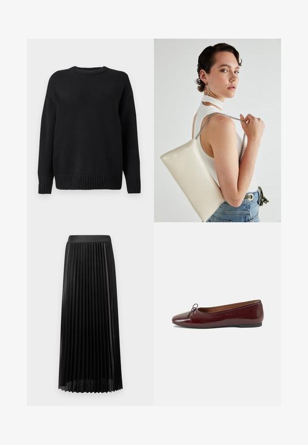 Black long-sleeve knitted sweater with ribbed crew neck, cuffs, and hem, displayed on a plain white background.; Pleated black skirt with a smooth waistband, made of lightweight fabric. Features crisp, vertical pleats and a mid-calf length design.; Burgundy patent leather ballet flat with a rounded toe, small bow accent at the front, and a low, black rubber sole. Smooth texture.; White rectangular clutch bag made of glossy material, featuring a silver chain strap. Model poses, showcasing the bag against a plain background.