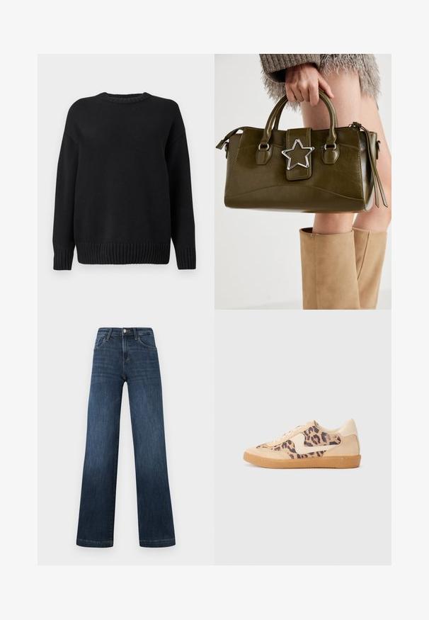 Crna dugački pleteni pulover s rebrastim ovratnikom, rukavima i donjim dijelom, prikazan na jednostavnoj bijeloj pozadini.; Tamno plave traperice širokih nogavica, s pet džepova i prednjim zatvaranjem na gumb. Glatka tekstura i klasične šavove.; Tenisice s uzorkom leoparda, bež nubuk gornjištem, smešnim gumenim đonom i bijelim detaljima. Okrugli vrh i dizajn s vezicama s teksturiranom završnom obradom.; Maslinasto zelena torba od umjetne kože s srebrnim zvijezdastim detaljem, dvostrukim ručkama i zatvaranjem na munje. Teksturirana površina i strukturirani oblik.