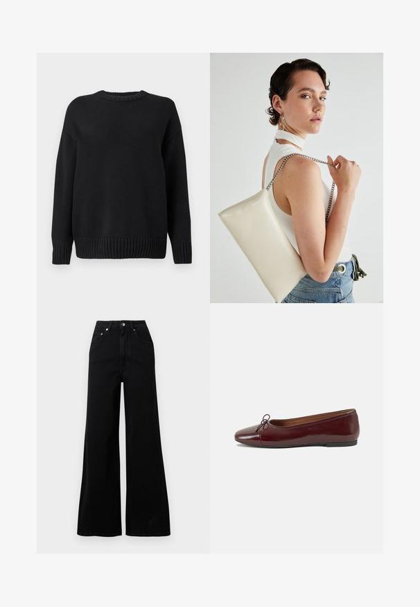 Pull en maille noir à manches longues avec col rond côtelé, poignets et ourlet, présenté sur un fond blanc uni.; Jeans larges noirs en denim, avec une taille haute, cinq poches, une fermeture à boutons sur le devant, et des détails de couture minimaux.; Ballerines en cuir verni bordeaux avec un bout rond, un petit nœud décoratif à l'avant et une semelle en caoutchouc noire basse. Texture lisse.; Pochette rectangulaire blanche en matériau brillant, avec une bandoulière en chaîne argentée. Le modèle pose en mettant en valeur le sac contre un fond uni.