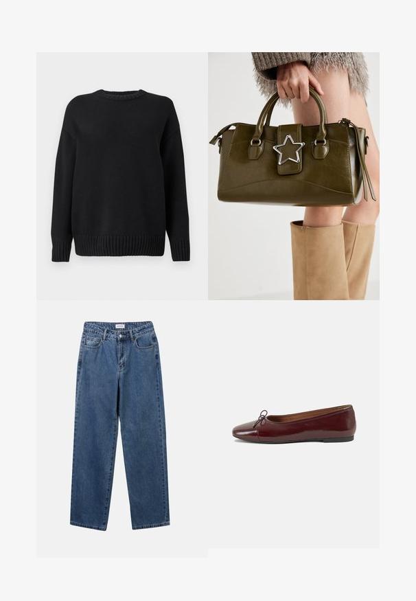 Melna garenota džemperis ar gariem piedurknēm, ribotām apkaklēm, aprocēm un apakšmalai, izlikts uz vienkārša balta fona.; Klasiskie zili džinsi ar taisnu kāju dizainu, pieciem kabatām un pogu aizdari. Iezīmējas ar vidēju mazgāšanu un izturīgu tekstūru.; Burgundijas laku ādas baleta kurpes ar noapaļotu purngalu, nelielu loku akcentu priekšā un zemu melnu gumijas zoli. Gluda tekstūra.; Olive zaļš mākslīgās ādas rokassomu ar sudraba zvaigznes akcentu, divām rokturiem un rāvējslēdzēja aizdari. Strukturēta forma un teksturēta virsma.