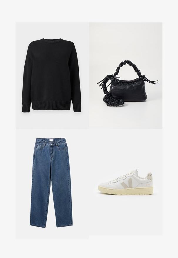 Pull en maille noir à manches longues avec col rond côtelé, poignets et ourlet, présenté sur un fond blanc uni.; Jean en denim bleu classique avec une coupe droite, cinq poches et une fermeture par bouton. Présente un lavage moyen et une texture robuste.; Baskets blanches en cuir avec des accents en daim beige, boîte à orteils perforée, lacets plats et semelle texturée crème. Présente un logo discret au talon.; Sac à main en simili cuir noir avec une texture crocodile, un dessus resserré et une sangle froncée. A l'apparence douce et compacte.
