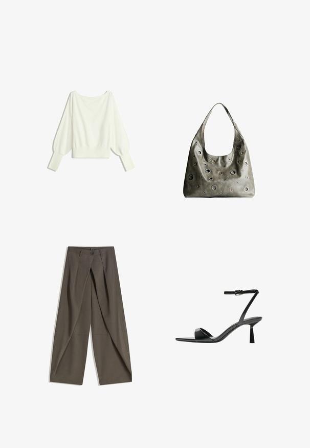 Weißer, kurz geschnittener Pullover mit langen Puffärmeln, gerippten Bündchen und einem weiten Ausschnitt, hergestellt aus weichem, leichtem Material.; Weite Hosen aus einem strukturierten, dunkelgrauen Stoff. Mit einer vorderen Faltenlegung, Knopfverschluss und praktischen Seitentaschen ausgestattet.; Bershka High Heel Sandalette - black; Olivgrünes Lederhandtäschchen mit einem lässigen Design, das verschiedene runde Ausschnitte in unterschiedlichen Größen und Akzente in dunkleren und helleren Farbtönen aufweist.