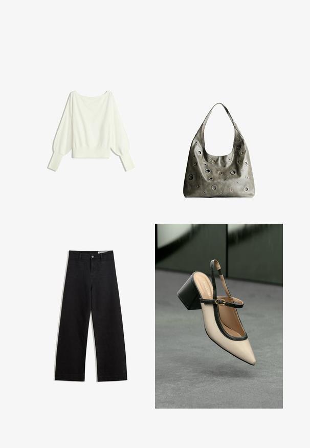Valkoinen lyhyt lämminneule, jossa on pitkät puffi-hihat, ribbaus-ohuet hihansuut ja leveä kaula-aukko, valmistettu pehmeästä, kevyestä materiaalista.; Mustat leveät farkut korkealla vyötäröllä, joissa on etu- ja takataskut, ommellut saumat ja nappisuljenta. Silkinoinen rakenne.; Beige slingback-kengät, joissa on musta reuna, kultahakas, ja paksu lohkoheel, harmaalla lattialla tummanvihreää taustaa vasten.; Oliivinvihreä nahkalaukku, jossa on rento muotoilu, ja jossa on erilaisia kokoisia pyöreitä läpivientejä sekä tummempia ja vaaleampia yksityiskohtia.