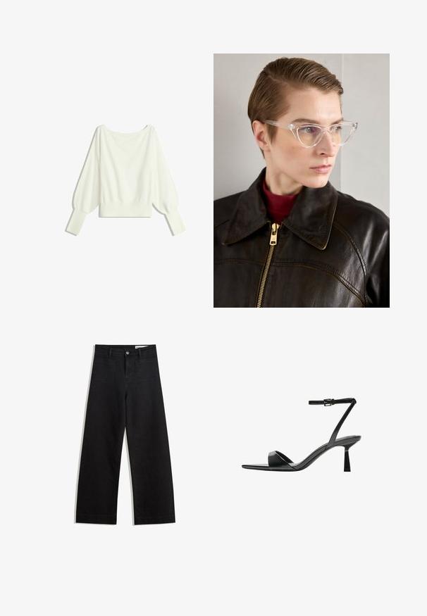 Witte cropped trui met lange pofmouwen, geribde manchetten en een brede halslijn, gemaakt van zacht, lichtgewicht materiaal.; Zwarte denim broek met wijde pijpen en een hoge taille, voorzien van voor- en achterzakken, gestikte naden en een knoopsluiting. Gladde textuur.; Bershka Sandalen met hoge hak - black; Heldere acetaat kattenoorbril met gele getinte lenzen, gedragen door een persoon in een donkere leren jas en een rode coltrui. Gladde textuur.; Bershka WITH CHAIN - Handtas - black
