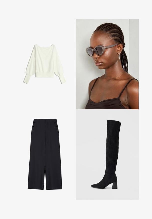 Bílý zkrácený svetr s dlouhými nabíranými rukávy, žebrovanými manžetami a širokým výstřihem, vyrobený z měkkého, lehkého materiálu.; Široké kalhoty z tmavě námořnické látky, s hladkou texturou, předními sklady a dekorativními zlatými nýty na bočních kapsách.; Černé semišové vysoké boty s blokovým podpatkem, špičatou špičkou a hladkým, bezšvovým designem na jednoduchém světlém pozadí.; Šedé oversized sluneční brýle s kulatým tvarem a tmavými skly. Elegantní plastový rám s hladkým povrchem. Modelka má copánky.
