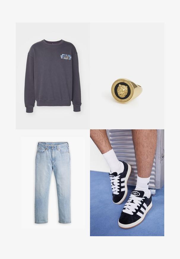 Sudadera gris con cuello redondo y puños acanalados. Presenta un gráfico prominente de "Star Wars" en tonos azules y azul claro en el pecho.; Jeans de mezclilla azul claro con un diseño de pierna recta, estilo de cinco bolsillos y costuras en contraste. Cierre de botón y cremallera en la cintura.; Zapatillas de ante negras con cordones blancos y tres rayas blancas. Presentan un logotipo circular negro en la lengüeta y una suela de goma color caramel.; Anillo en tono dorado con un motivo de león en relieve sobre un fondo negro, enmarcado por una banda circular grabada con el nombre de la marca.