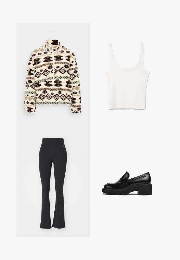 Pull-over en polaire à zip demi hauteur en crème, avec des motifs géométriques noirs, marron et menthe, un col haut et des poignets côtelés.; Débardeur en coton blanc avec un décolleté arrondi, sans manches et ajusté. Texture lisse, design uni et détails de couture minimaux.; Pantalons de yoga noirs avec une taille haute, fabriqués en tissu extensible. Présente un design évasé et un petit logo Nike à la taille.; Mocassin noir en cuir avec un talon épais, une semelle épaisse et un détail en sangle sur le dessus, présenté de côté sur un fond blanc.