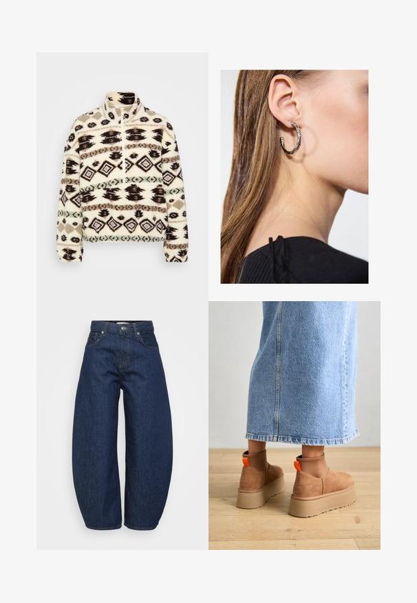 Kreemvärvi fleecest pooltõmbega svinger, millel on geomeetrilised mustad, pruuni ja piparmündirohelisi mustreid, kõrge kaelus ja ribadega varrukad.; Even&Odd Petite 2 PACK - Topp - light grey/black; Tumesinised teksapüksid laiade, lõdvalt istuvate lõigetega. Varustatud luku ja nelja taskuga ning kontrastse õmblusega õmbluste ääres.; Pruunid nahatooted platvormikontsad elastsete külgpaneelidega ja oranžide tõmbetuttidega, koos puusani ulatuva heleda denim-seelikuga puidust põrandal.; Hõbedane rõngas kõrvarõngas poleeritud viimistlusega, millel on väikesed kuldsed aktsendid ja ümmargune kuju, kantud lobus.