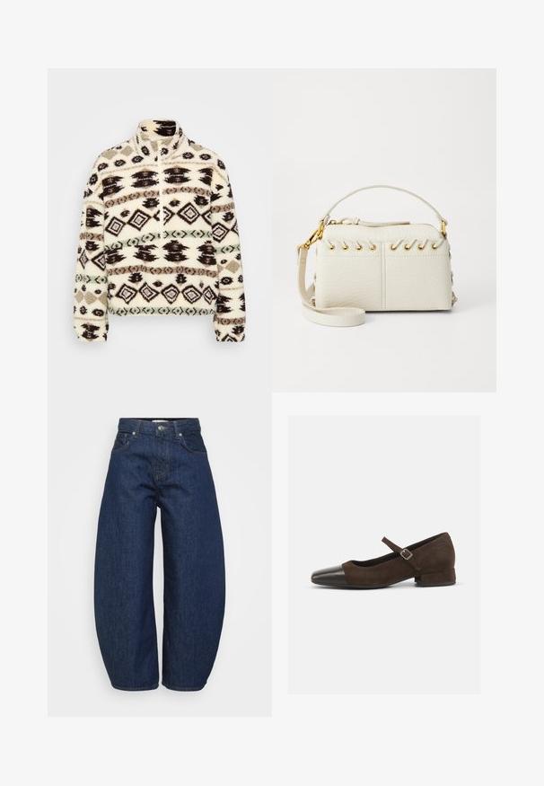 Pullover in pile mezzi zip color crema, con motivi geometrici neri, marroni e menta, colletto alto e polsini a coste.; Jeans in denim blu scuro a vita alta con gambe larghe, chiusura frontale con bottone e zip, e design classico a cinque tasche.; Scarpa Mary Jane in suede marrone con punta in vernice nera, cinturino regolabile e tacco basso a blocco. Texture liscia con dettagli minimi.; Borsa a mano in finta pelle bianca con zip superiore, manico corto e tracolla rimovibile con hardware in tono oro. Dettaglio di laccio laterale.; Orecchino a cerchio in argento con finitura lucida, caratterizzato da piccoli dettagli in oro e una forma tondeggiante, indossato sul lobo.