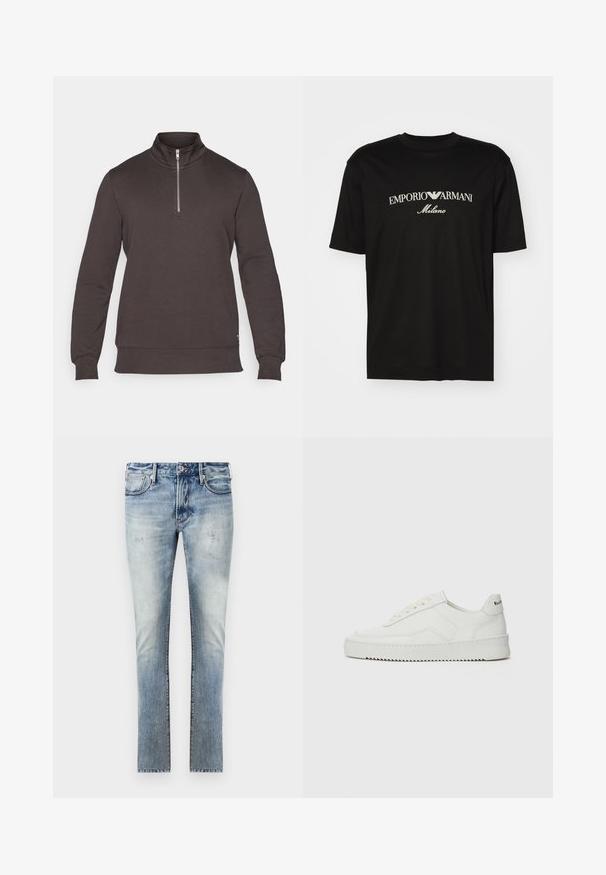 Mørkegrå langermet genser med høy krage, har halv-lås foran, ribbede mansjetter og strukturert stoff.; Svart bomulls T-skjorte med rund hals, korte ermer og "EMPORIO ARMANI" logo i hvitt over "Milano" i en buet design.; Lys blå denim jeans med en falmet finish, slim fit-design, fem lommer og kontrasterende sømmer.; Hvite lærersneakers med en jevn overflate, rund tå, flate lisser og en teksturert såle. Har en subtil logo på hælen.