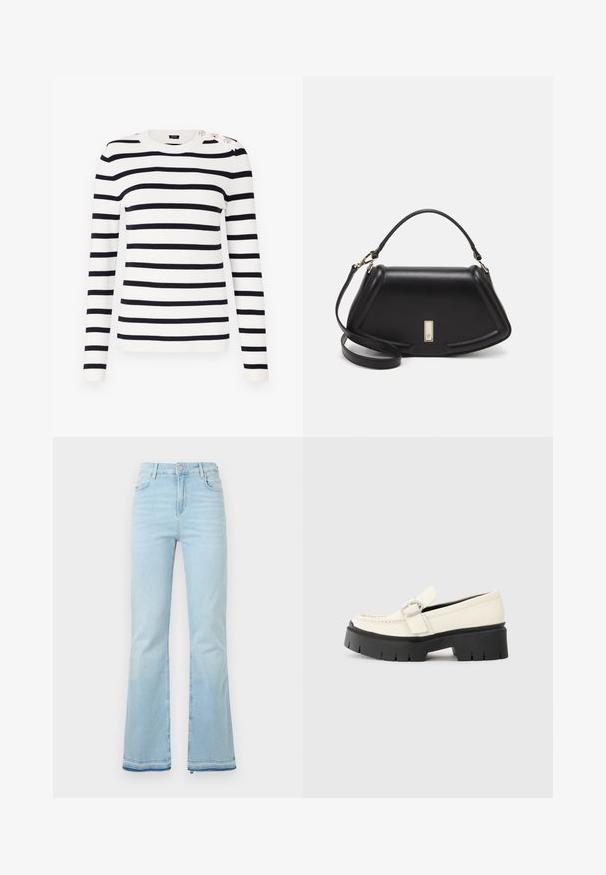Stripete strikkegenser i hvit og marineblå, med rund hals, lange ermer og dekorative knapper på skulderen.; Lyseblå flagrende jeans laget av denim, med høy midje, frontlommer og rå kant ved mansjettene for et uformelt utseende.; Hvit skinnloafers med tykk svart plattformsåle, utstyrt med en rektangulær sølvspenne og synlige sømdetaljer på oversiden.; Sort lærveske med en strukturert design, som har en avkortet form, topphåndtak og detaljer i gull. Justerbar skulderstropp inkludert.