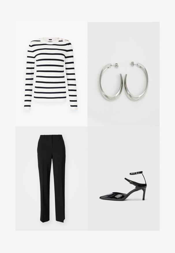 Csíkos kötött pulóver fehér és navy kék színben, kerek nyakkivágással, hosszú ujjakkal és díszítő gombokkal a vállon.; Fekete, testhezálló nadrág egyenes szárú kivitelben, sima textúrával és éles redőkkel az elején. Nincs látható fémalkatrész.; Fekete lakkbőr magassarkú cipők hegyes orral, állítható bokapánttal és vékony sarokkal. Simább textúra fényes kivitelben.; Ezüst karika fülbevalók sima, ívelt formával. Fényes fémes felülettel és tűs zárral rendelkeznek. Nincsenek látható minták vagy kiegészítők.