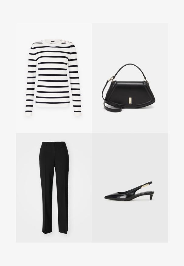 Csíkos kötött pulóver fehér és navy kék színben, kerek nyakkivágással, hosszú ujjakkal és díszítő gombokkal a vállon.; Fekete, testhezálló nadrág egyenes szárú kivitelben, sima textúrával és éles redőkkel az elején. Nincs látható fémalkatrész.; Fekete bőr slingback magassarkúk, hegyes orral, vékony sarkakkal és arany színű részlettel a állítható pánton. Simа felület.; Fekete bőr kézitáska, strukturált dizájnnal, rövidített formával, felső fogantyúval és arany színű kiegészítőkkel. Állítható vállpánt is tartozik hozzá.
