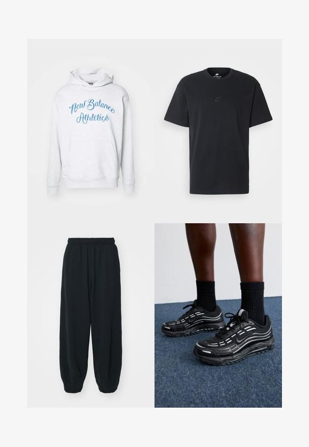 Pelēks kapuci ar garām piedurknēm un priekšējo kabatu. Iezīmēts ar zilu tekstu "New Balance Athletics" izliekta dizaina formā. Izgatavots no kokvilnas maisījuma materiāla.; Nike melns kokvilnas T-krekls ar klasisku piegriezumu, īsām piedurknēm un smalku, reljefu logotipu uz krūškurvja. Gluda tekstūra.; Melnas sporta bikses ar elastīgu jostasvietu, brīvu piegriezumu, aprocēm ap potītēm, gludu tekstūru, un bez redzamām rakstu vai aparatūras akcentiem.; Melni Nike apavi ar sietveida augšdaļu, akcentējošām svītrām, teksturētām šņorēm un melnu gumijas zoli. Valkāti ar melniem ribota auduma zeķēm.