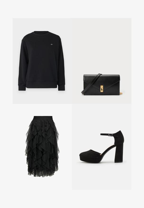 Zwarte sweatshirt van zacht materiaal, met een ronde hals, lange mouwen en een klein logo op de linkerborst. Vlotte textuur en een losse pasvorm.; Zwarte midi-jurk gemaakt van gelaagd tule met een ruchesontwerp. Heeft een elastische tailleband. Transparante stof voegt textuur en beweging toe.; Zwarte suède plateauhakken met een dikke blokhak, ronde neus en enkelbandje dat is beveiligd met een metalen gesp. Zachte textuur overal.; Zwarte leren portemonnee met een opklapbare flap, gouden hardware en een logo-accent. Inclusief een afneembare strap voor het dragen.