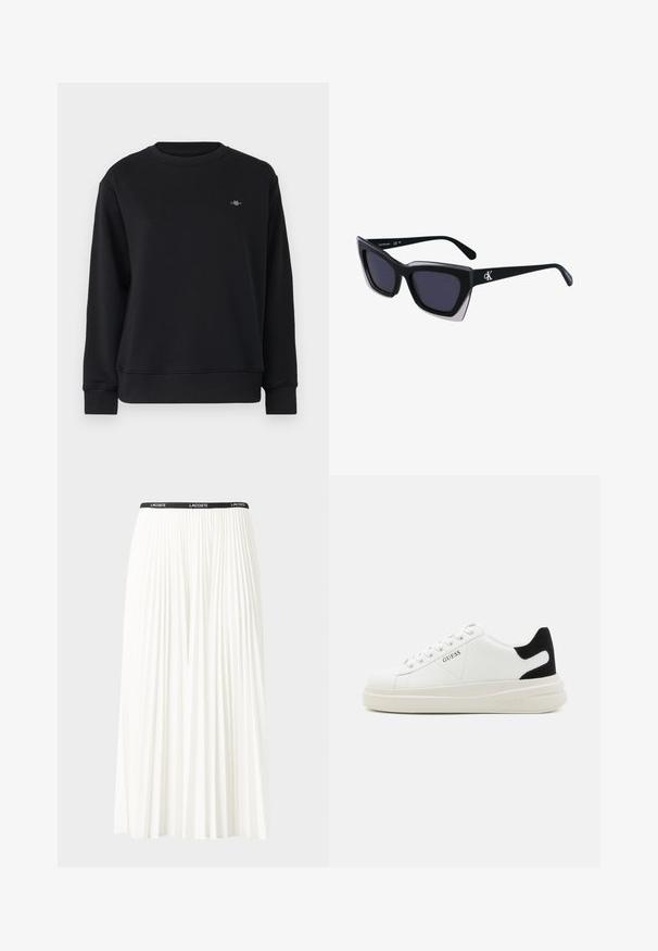 Black sweatshirt made of soft fabric, featuring a crew neck, long sleeves, and a small logo on the left chest. Smooth texture and relaxed fit.; Pleated white skirt with a black elastic waistband featuring the "LACOSTE" logo. Mid-length design with soft texture.; White leather sneakers with a thick white sole, black suede heel accent, and embossed logo on the side. Laced design with six eyelets.; Black oversized sunglasses with a geometric shape, featuring dark lenses and a contrasting grey detail on the frame. Logo on the arm.