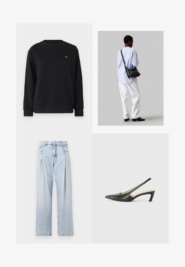 Must mustvalgest hõrgust kangast, millel on ümar kaelus, pikad varrukad ja väike logo vasakul rinnal. Sile tekstuur ja mugav lõige.; Heledad sinise denimist valmistatud teksapüksid kõrge vöökohaga, laia jala lõikega, kahe külje taskuga ja pleedi disainiga. Pehme tekstuur ja pleekinud viimistlus.; Must mustaga, terav varvas, madala kontsaga sildiga king, mis on valmistatud siledast nahast ja mille küljel on lõike disain hingavuse tagamiseks.; Must have mustras alasi nahkpatsi, pehme tekstuuriga, kolmnurkse kujuga ja reguleeritava rihmaga, koos helesinise triibulise särgi ja valgete pükstega.