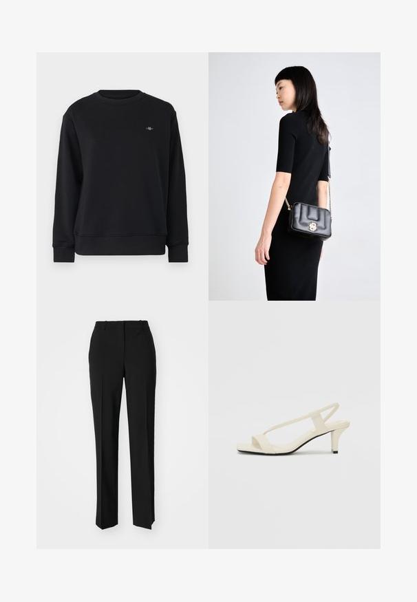 Zwarte sweatshirt van zacht materiaal, met een ronde hals, lange mouwen en een klein logo op de linkerborst. Vlotte textuur en een losse pasvorm.; Zwarte op maat gemaakte broek met een recht model, voorzien van een soepele textuur en scherpe plooien aan de voorkant. Geen zichtbare hardware.; Beige blockhak sandalen met dunne bandjes en een vierkante neus. Glad materiaal met minimale details, ontworpen voor eenvoudig dragen.; Zwarte leren schoudertas met een gouden sluiting, gequilt ontwerp en kettingband. Compacte rechthoekige vorm, minimalistische hardware accenten.