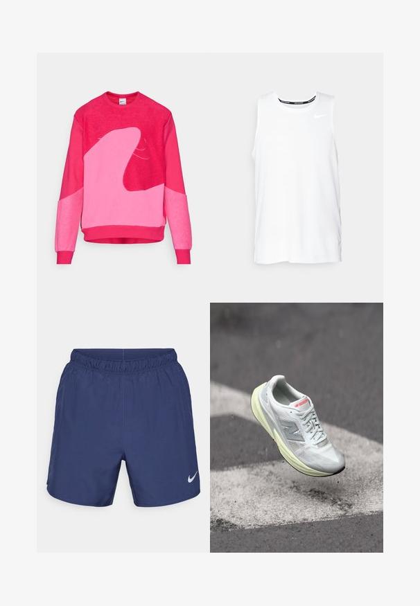 Fliisist valmistatud särgike intensiivsetes roosas toonides, millel on abstraktsed heledamad roosad kujundid, soonikvarrukad ja -alus ning ümar kaelus.; Valge ilma varrukateta Nike jooksmise topp ümmarguse kaelusega, siledast materjalist, ning must Nike logo vasakul rinnal.; Tumed sinine sportlikud lühikesed püksid, mis on valmistatud kergest kangast. Omab elastset vööosa ja väikest valget Nike logo vasakul alapoole.; Kerge jooksujalanõud, millel on valgest kangast pealisosa, kollane vaheosas ja hallid aktsendid. Omab silmapaistvat „N“ logo ja tekstureeritud pinna.