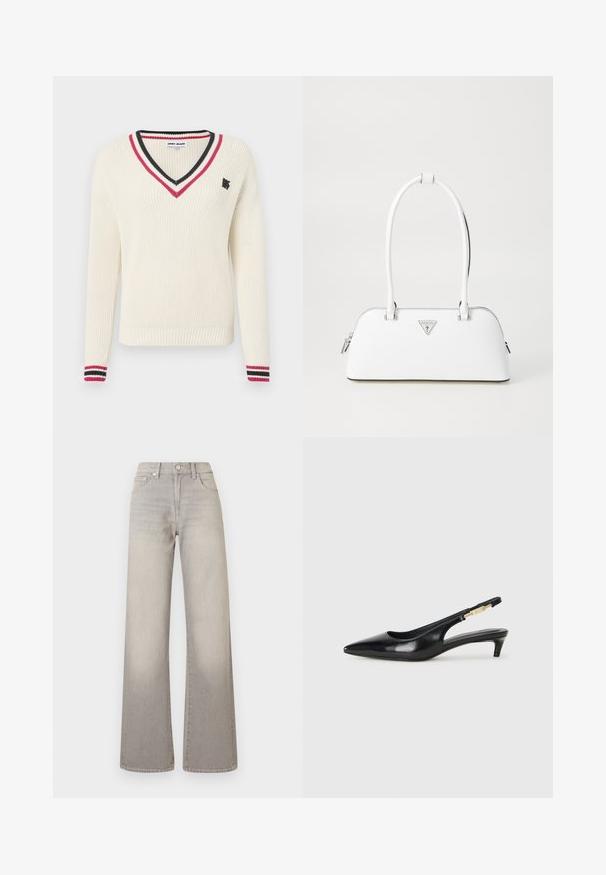 Krémový svetr s výstřihem do V a ribbovanou texturou, se červenými a černými pruhovanými akcenty na límci a manžetách a malým logem na hrudi.; Šedé široké džíny s vybledlým vzhledem, zapínání na knoflík, pět kapsičkový design a prošívání podél švů.; Černé kožené boty na podpatku s otevřenou patou a špičatou špičkou, s tenkým podpatkem a zlatým akcentem na nastavitelném pásku. Hladký povrch.; Bílá kožená kabelka s zakřiveným tvarem, na které se nachází stříbrné trojúhelníkové logo a zipové uzavření. Hladký povrch a dvojité uši.