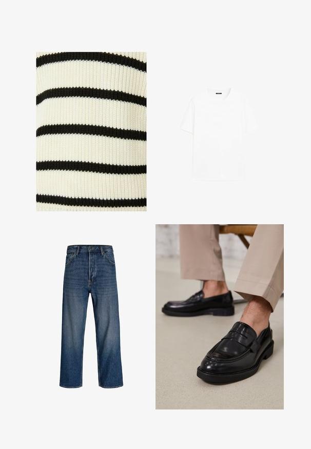 Gestreifter Strickstoff mit abwechselnd schwarzen und cremefarbenen horizontalen Linien. Die Textur ist gerippt, was auf Elastizität und Dehnbarkeit hinweist.; Weißes Baumwoll-T-Shirt mit kurzen Ärmeln, rundem Ausschnitt und geradem Schnitt. Glatte Textur ohne sichtbare Muster oder Akzente.; Jeans aus Denim mit geradem Bein, dunkelblauer Farbe und subtilen Verblassungen. Verfügt über fünf Taschen und einen Knopfverschluss.; Schwarze Lederloafers mit glatter Oberfläche, ausgestattet mit einem dekorativen Riemen und Kontrastnähten, kombiniert mit beigen Hosen.