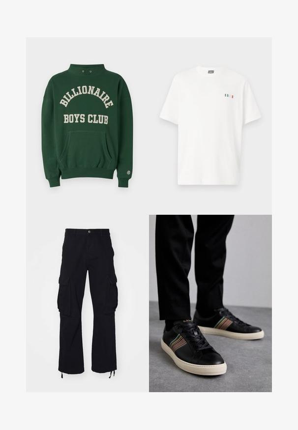 Green sweatshirt with high neckline, front pocket, and "BILLIONAIRE BOYS CLUB" printed in cream. Includes logo patch on left sleeve.; White cotton t-shirt featuring a round neckline, short sleeves, and a small multicolored stripe detail near the chest.; Black cargo pants made of cotton, featuring two large side pockets, drawstring hems, and a straight-leg design.; Black leather sneakers with multicolored striped accents, round toe, and white rubber soles, featuring lace-up design and embossed branding.