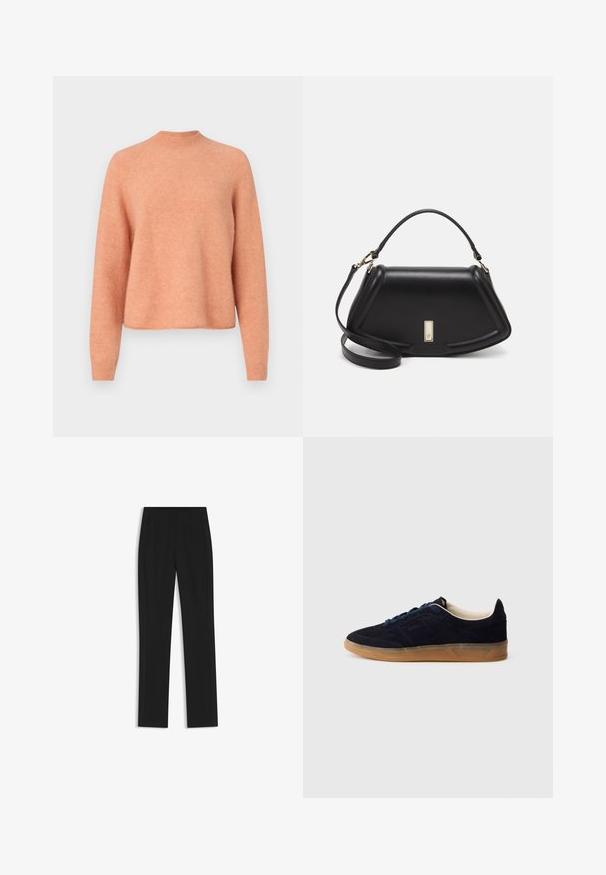 Persikofärgad tröja med rund halsringning, långa ärmar och mjukt, texturerat tyg. Har en avslappnad passform och ribbade manschetter.; Svarta skräddarsydda byxor med rak bendesign, som har framfickor och ett slätt, strukturerat tyg. Prydlig, minimal detaljer.; Mörkblå mockasneaker med sula av gummiliknande material, blåa snören och minimalistisk design. Har präglad logga på sidan och slät innerfoder.; Svart läderhandväska med en strukturerad design, som har en avskuren form, ett handtag upptill och guldiga detaljer. Justerbar axelrem ingår.