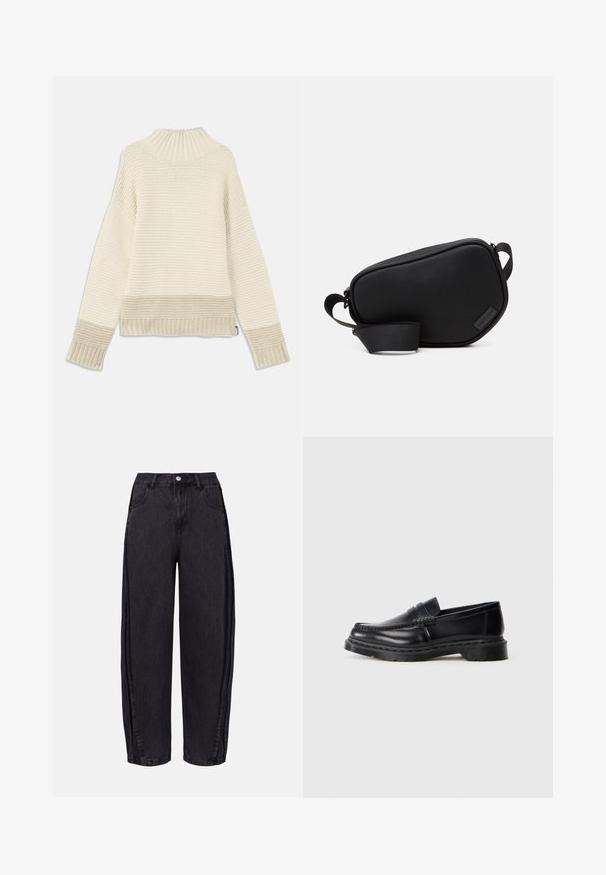 Chunky knit sweater in cream with a high, ribbed collar. Features textured patterns and ribbed cuffs and hem. Soft, warm fabric.; Black wide-leg jeans made of denim with a smooth texture. Features a high waist, front pockets, and button closure at the waistband.; Men’s black leather penny loafer with chunky sole and moc toe stitching, shown in profile on white background.; Black, zippered crossbody bag made of smooth material, featuring a flat shape, a single strap, and a small logo accent. Minimalist design.