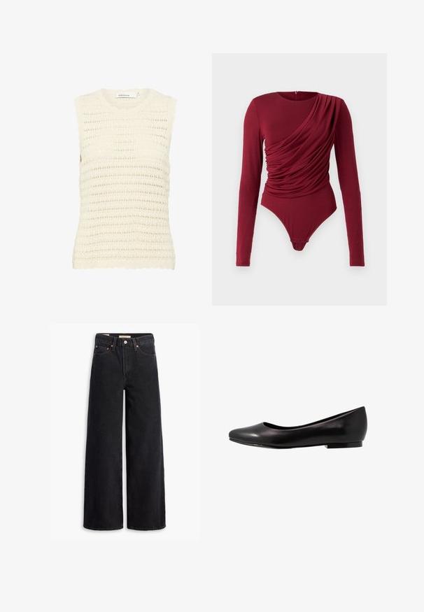 Kremasti pleteni gornji dio s rebrastim izrezom i rubovima ramena, s otvorenim tkanjem i bez rukava.; Dugulasti bodi s dugim rukavima u tamnocrvenoj boji, s drapiranim materijalom, izrezom u obliku supe i kopčanjem na dnu, izrađen od mekog rastezljivog materijala.; Crne široke traperice izrađene od denima, s pet džepova, bakrenim zakovicama i klasičnom kopčom. Glatka tekstura s čistim dizajnom.; Crne balerinke od sjajne kože s zaobljenim vrhom i niskom, ravnom potplatom. Imaju glatku teksturu s jednostavnim i elegantnim dizajnom.