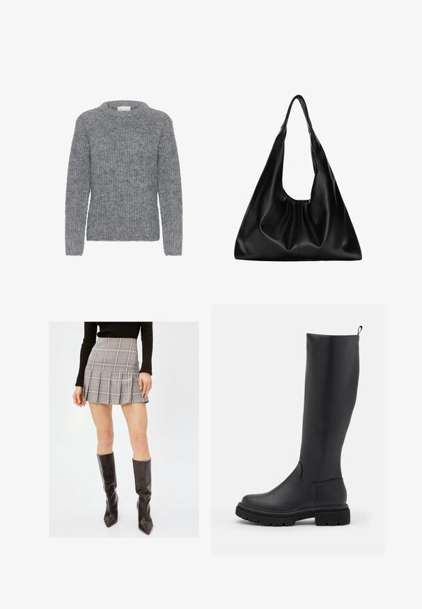 Maglione grigio lavorato a maglia con maniche lunghe, scollo rotondo e un motivo testurizzato. Tessuto morbido con una vestibilità ampia e una texture a costine.; Gonna mini a quadri grigia con pieghe, caratterizzata da linee verticali e orizzontali in nero, bianco e rosso. Abbinata a stivali neri al ginocchio.; Stivale nero al ginocchio in materiale liscio e opaco, con suola spessa, punta rotonda e un manico nella parte superiore per una facile vestibilità.; Borsa hobo in pelle nera con una forma morbida e curvata. Presenta un ampio manico superiore e pieghe alla base per una texture morbida.