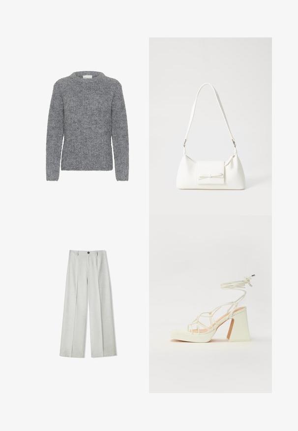 Gray knitted sweater with long sleeves, round neckline, and a textured pattern. Soft fabric with a loose fit and ribbed texture.; Light gray wide-leg trousers made of a textured fabric, featuring a button closure and two pleats at the front for added detail.; White high-heeled sandal with a chunky heel, featuring a strappy design and ankle tie. Smooth texture with a platform front for added height.; White synthetic handbag with a triangular shape, flat front flap and bow detail, adjustable strap, smooth texture, and minimalistic design.