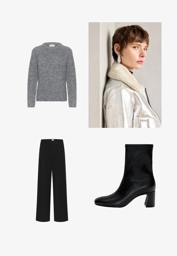 Grayer Strickpullover mit langen Ärmeln, rundem Halsausschnitt und strukturiertem Muster. Weicher Stoff mit lockerer Passform und gerippter Textur.; Schwarze weite Hosen mit hoher Taille, Falten und einer glatten Textur. Minimalistisches Design ohne sichtbare Muster oder Beschläge.; Schwarzer Knöchelstiefel aus glattem Leder. Mit quadrater Zehenpartie, elastischem Schaft und einem stabilen Blockabsatz. Minimalistisches Design.; Silberne metallische Lederjacke mit Schaffellkragen, mit Reißverschluss und strukturiertem Oberflächen. Große Tropfenohrringe mit klaren Edelsteinen.