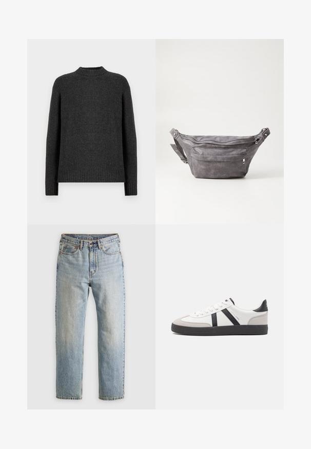 Donkergrijze geribde trui met lange mouwen, een ronde hals en een textuurafwerking, met een ontspannen pasvorm en zijsplitten aan de onderkant.; Lichtblauwe denim jeans met hoge taille, frontknop, rits en vijfzakkenontwerp, plat gelegd op een neutrale achtergrond.; Witte sneaker met zwarte en grijze accenten, voorzien van een grijze neus met textuur, zwarte rubberen zool en platte witte veters. Schoon ontwerp, minimalistische stijl.; Grijze suède heuptas met een ronde vorm, twee met rits afgesloten compartimenten en een verstelbare band. Voorzien van metalen accenten.
