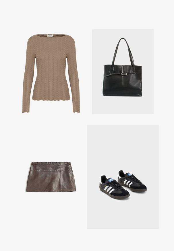 Haut long à manches en tricot marron avec un motif en relief, encolure bateau et détails de bordures ondulées. Tissu doux et texturé.; Jupe mini en cuir marron avec une taille studded et une passant de ceinture avec boucle, texture lisse et design épuré et droit.; Des baskets noires avec une tige en suède et en matériaux synthétiques, dotées de trois rayures blanches, d'une semelle en caoutchouc texturé et d'une étiquette de logo bleue sur la languette.; Sac tote en cuir noir avec une texture lisse, deux longues poignées et une sangle slim avec une boucle en argent sur le devant.