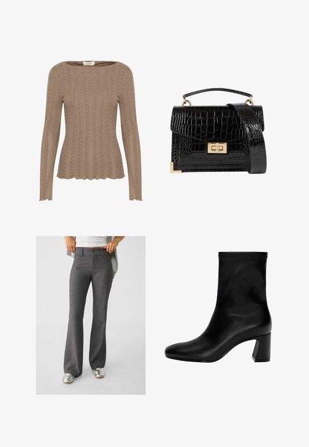 Maglione lungo marrone a maniche lunghe con motivo a treccia, scollatura a barca e orlo ondulato. Tessuto morbido e strutturato.; Pantaloni grigi a zampa d'elefante realizzati in tessuto testurizzato, con chiusura a due bottoni e passanti per la cintura, abbinati a sneakers argentate lucide.; Stivaletto nero fino alla caviglia in pelle liscia. Presenta una punta quadrata, un bordo elastico e un tacco robusto per la stabilità. Design minimalista.; Borsa a tracolla nera in pelle verniciata con texture a coccodrillo, hardware dorato, manico superiore e una tracolla removibile. Forma rettangolare con chiusura a patta.