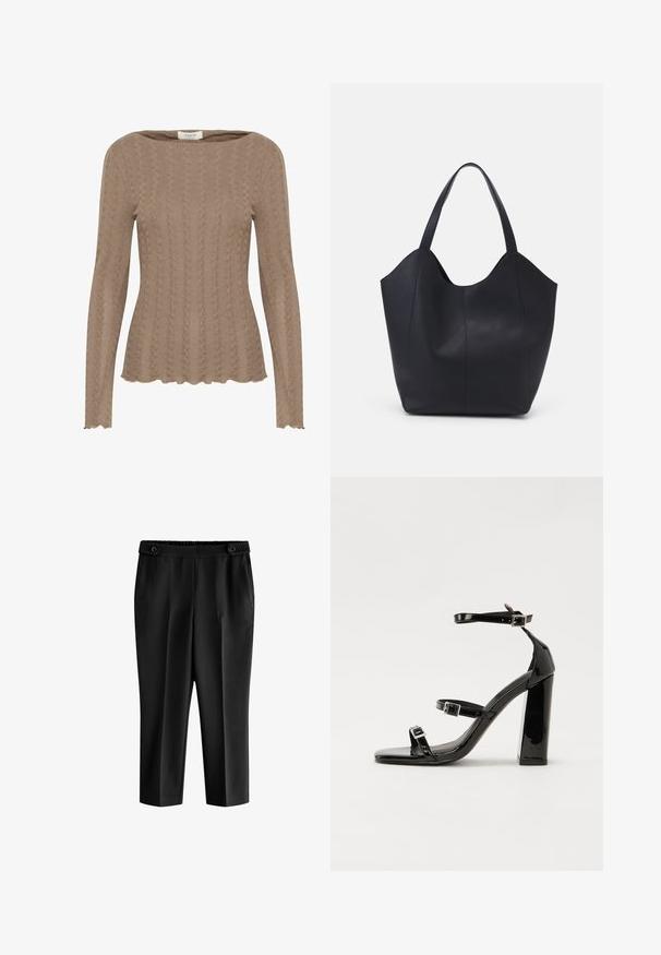 Braun gestricktes Oberteil mit langen Ärmeln, das ein Kabelmuster, einen Bootsausschnitt und eine gewellte Saumgestaltung aufweist. Weicher, strukturierter Stoff.; Schwarze, cropped Stoffhosen mit einer lockeren Passform, elastischem Bund und zwei Vordertaschen. Der Stoff hat eine glatte Textur mit einem leicht glänzenden Finish.; Schwarze patentierte Sandalen mit Absatz, quadratischer Spitze, Knöchelriemen und silbernen Schnallen. Mit einem stabilen Blockabsatz für mehr Stabilität.; Schwarze Tote-Bag aus glattem Leder, mit einem abgerundeten, offenen Oberteil, zwei Schulterträgern und einem minimalistischen Design.