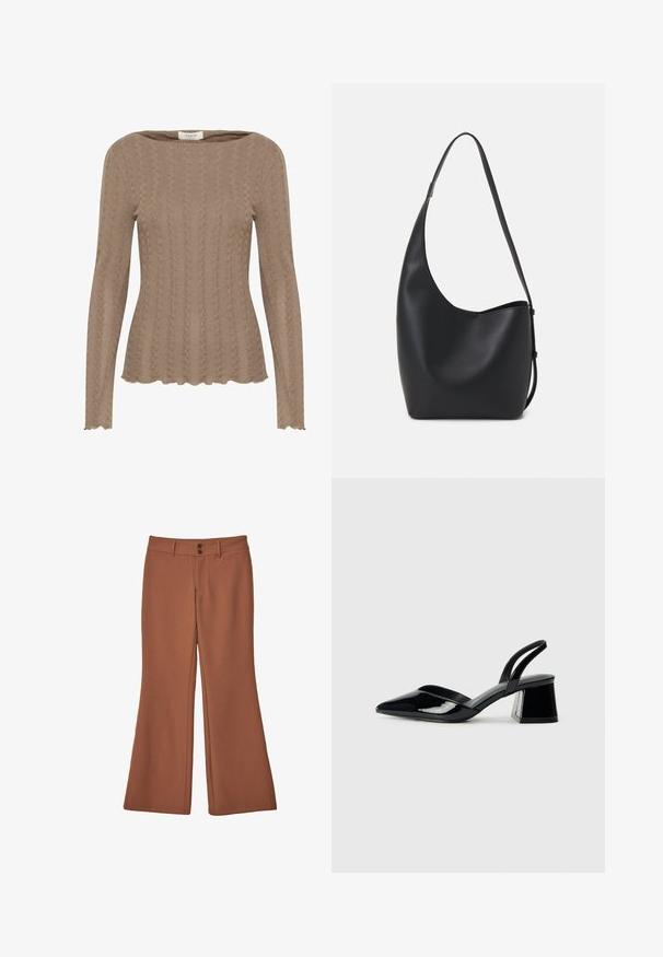 Smešani smeđi dzemper dugih rukava s uzorkom pletenice, ladnim izrezom i detaljima s valovitim rubom. Mekana, strukturirana tkanina.; Smeđe široke hlače od mekog materijala. Imaju dva prednja dugmeta i glatku teksturu bez vidljivih uzoraka ili akcenta.; Crne lakirane kožne sandale s otvorenom petom i špicastim vrhom, s geometrijskom blok petom. Imaju elegantan, minimalistički dizajn i glatku teksturu.; Crna kožna hobo torba s glatkom teksturom, zakrivljenim oblikom i jednom podesivom trakicom; ima širok otvor na vrhu.