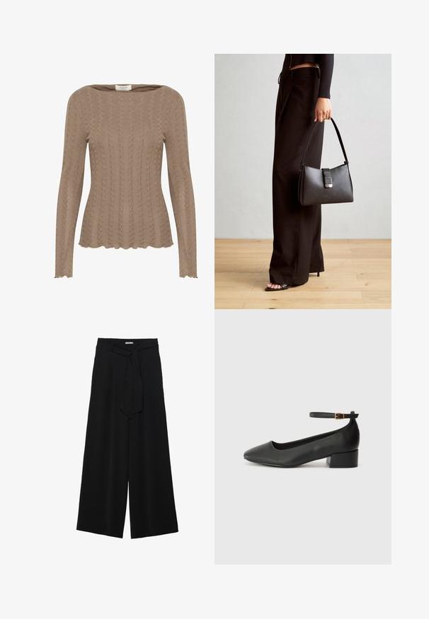Braun gestricktes Oberteil mit langen Ärmeln, das ein Kabelmuster, einen Bootsausschnitt und eine gewellte Saumgestaltung aufweist. Weicher, strukturierter Stoff.; Schwarze weite Hosen aus strukturiertem Stoff, mit elastischem Bund und einem abnehmbaren Bindegürtel in der Taille für eine verstellbare Passform.; Schwarze Lederpumps mit spitzem Zehenbereich und niedrigem Blockabsatz. Mit einem Knöchelriemen und einer goldfarbenen Schnalle. Glatte Textur.; Schwarze Handtasche mit strukturierter Form, glatter Textur und einem metallischen Verschluss. Kombiniert mit weiten schwarzen Hosen und offenen Sandalen auf einem Holzboden.