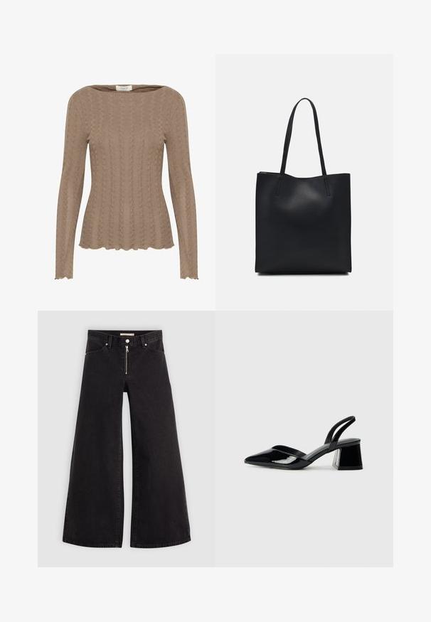 Haut long à manches en tricot marron avec un motif en relief, encolure bateau et détails de bordures ondulées. Tissu doux et texturé.; Jean large en denim noir avec une fermeture éclair à l'avant, un design à cinq poches et des détails de couture subtils. Texture lisse et style décontracté.; Escarpins en cuir verni noir avec bout pointu et talon bloc géométrique. Présente un design élégant et minimaliste ainsi qu'une texture lisse.; Sac fourre-tout en cuir noir avec une texture lisse, de forme rectangulaire et deux longues poignées. Pas de matériel ou d'ornementations visibles.