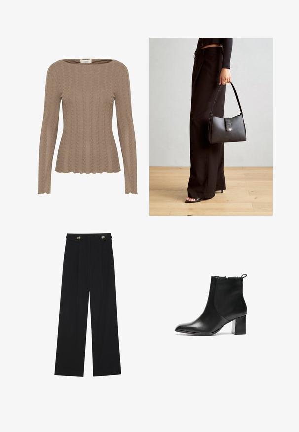 Brun stickad långärmad topp med kabelmönster, båt-halsringning och scallopdetaljer i fållen. Mjuk, texturerad tyg.; Svarta vida byxor med hög midja, knäppdetaljer i midjan och framfickor.; Svart läderankelboot med rund tå, en medelhög klack i blockform och en dragflik baktill. Slät textur, minimal design.; Svart handväska med strukturerad form, slät yta och metallspänne. Matchad med vida svarta byxor och sandaler med öppen tå på trägolv.