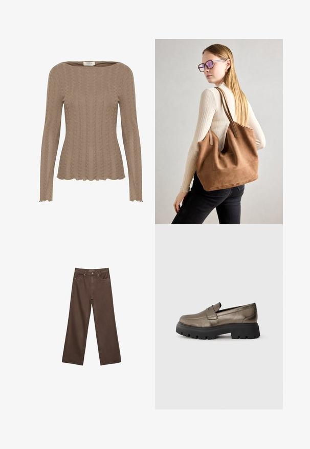 Brun stickad långärmad topp med kabelmönster, båt-halsringning och scallopdetaljer i fållen. Mjuk, texturerad tyg.; Breda bruna jeans i denim med hög midja, framfickor och klassisk knäppning. Slät textur med subtil sömnad.; Metalliska olivgröna läderskor i loafermodell med rund tå, svart chunky gummisula och minimal sömnadsdetalj på ovandelen.; Brun mocka toteväska med mjuk textur, stor öppning och långa axelremmar. Har en enkel design med synliga sömmar och ingen hårdvara.