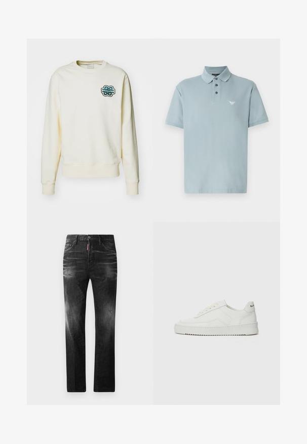 Filling Pieces GOWTU - Sweater - white; Lichtblauwe poloshirt van zachte katoen. Kenmerkt zich door een kraag, een drieknopssluiting, korte mouwen en een klein logo op de linkerkant van de borst.; Zwarte denim jeans met een rechte pasvorm. Beschikt over vervaagde gebieden, lichte slijtage, klassiek vijf-pocket ontwerp en een knoopsluiting.; Witte leren sneaker met een gladde afwerking, ronde neus, platte veters en een gestructureerde zool. Kenmerkt zich door een subtiel logo op de hiel.