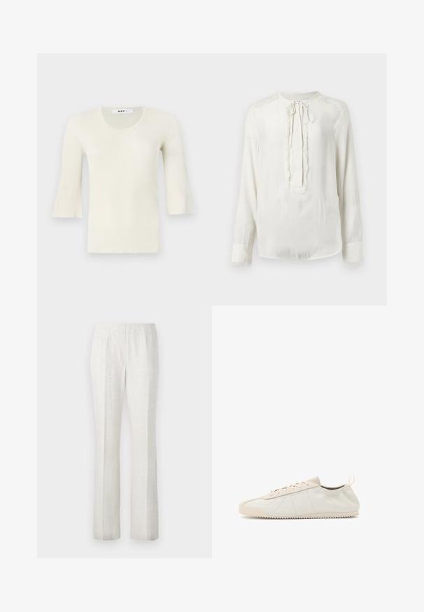 Ribbade, ljusgräddfärgade långärmade toppar med rund halsringning och utsvängda ärmar. Gjord i ett texturerat tyg, mjukt avslut, minimal design.; Vit långärmad blus med rund halsringning och knytning. Har en texturerad kant längs fram och vid ärmsluten. Slät tygfinish.; Ljusfärgade, raka byxor med en slät textur, med framtida veck och en ren midjebandsdesign.; Krämfärgad lädersneaker med rund tå, snörningsdesign, texturerade accenter och en texturerad gummisula med zigzagmönster för bra grepp.