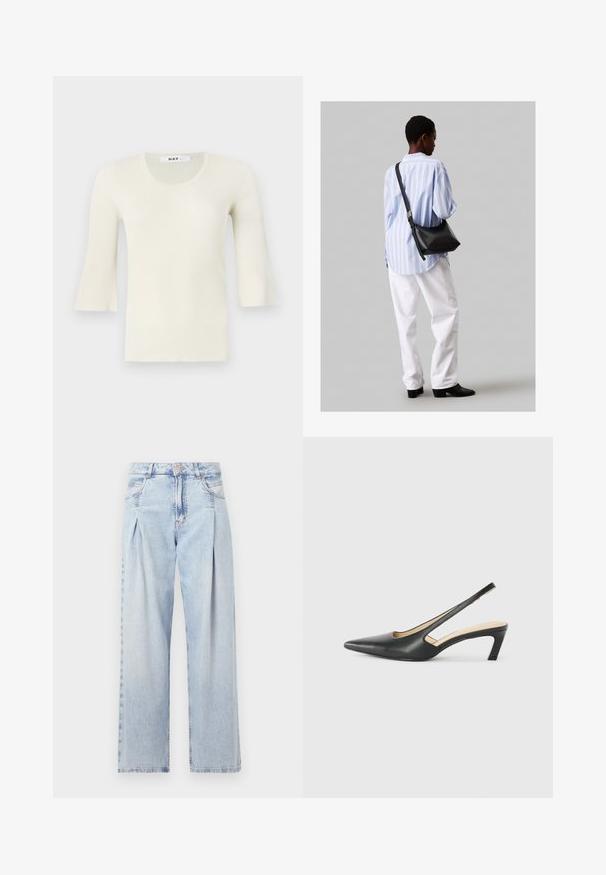 Koonteatud, heleda kreemja värvusega pika varrukaga topp, ümarate kaelustega ja laiade varrukatega. Valmistatud tekstureeritud kangast, pehme viimistlusega, minimalistlik disain.; Heledad sinise denimist valmistatud teksapüksid kõrge vöökohaga, laia jala lõikega, kahe külje taskuga ja pleedi disainiga. Pehme tekstuur ja pleekinud viimistlus.; Must mustaga, terav varvas, madala kontsaga sildiga king, mis on valmistatud siledast nahast ja mille küljel on lõike disain hingavuse tagamiseks.; Must have mustras alasi nahkpatsi, pehme tekstuuriga, kolmnurkse kujuga ja reguleeritava rihmaga, koos helesinise triibulise särgi ja valgete pükstega.