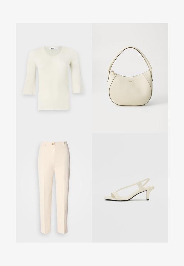 Ribbet, lys kremfarget langermet topp med rund hals og utsvingte ermer. Laget av et teksturert stoff, myk finish, minimalistisk design.; Kremfargede, høy-taljede bukser laget av teksturert stoff. Har lukking med frontknapp og avsmalnende ben.; Beige blokk-høydesandaler med tynne stropper og firkantet tå. Glatt materiale med minimale detaljer, designet for enkel bruk.; Kremfarget håndveske med teksturert overflate, buet form, kort håndtak og gullfarget logo. Glidelås lukking på toppen.
