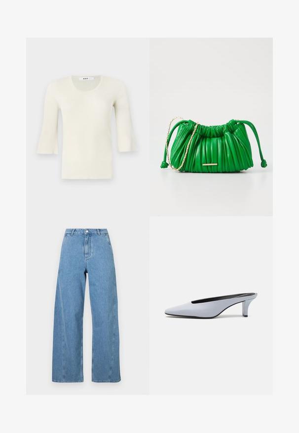 Hladký, světle krémový dlouhý rukáv top s kulatým výstřihem a rozšířenými rukávy. Vyrobeno z texturované tkaniny, měkký povrch, minimalistický design.; Světle modré široké džínsy z denimu, s vysokým pasem, rovného střihu a kontrastním prošíváním podél švů.; Světle modrý lakovaný kožený mule s špičatou špičkou, nízkým transparentním podpatkem a štíhlým designem s výřezem na nártu.; Zelená kožená kabelka s nařasenou texturou, zlatým řetízkovým detail, a stahovací šňůrkou. Obsahuje minimalistický zlatý kovový prvek.
